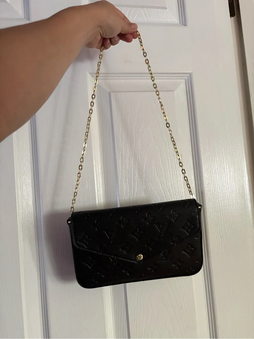 Black Embossed Leather Chain Shoulder Bag - Designer Style